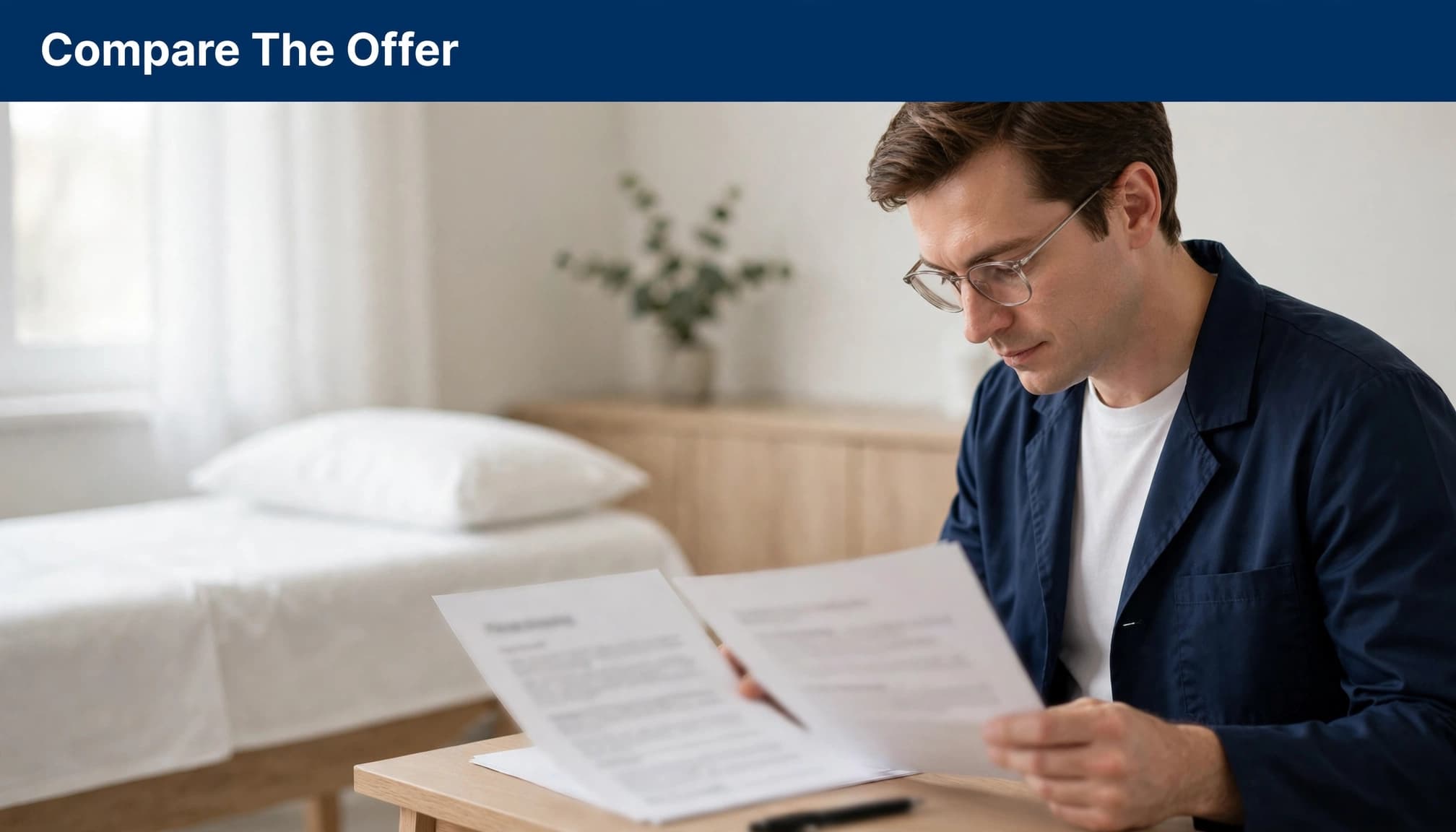 A man in a clinic reviewing job offer papers below a banner reading Compare The Offer.