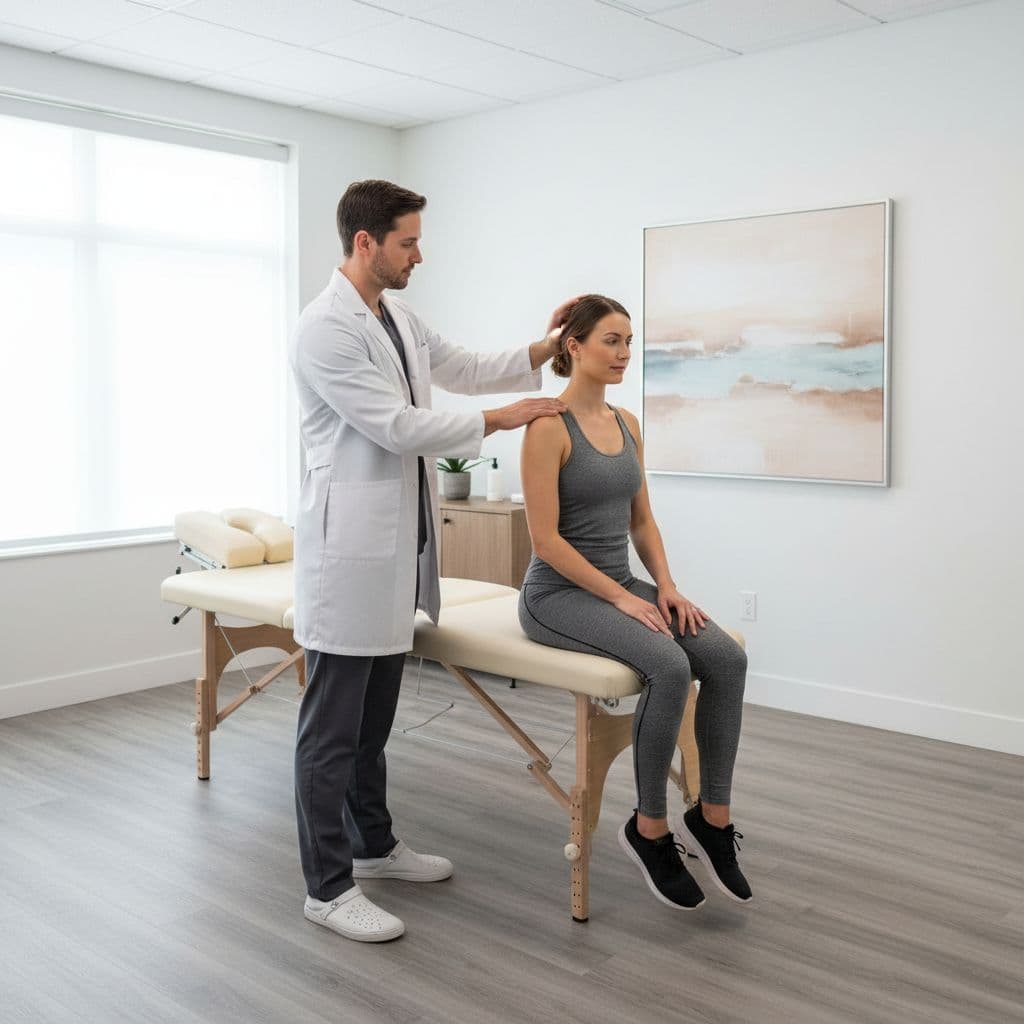 A professional chiropractor assesses a patient sitting on a treatment table in a modern, bright clinic.