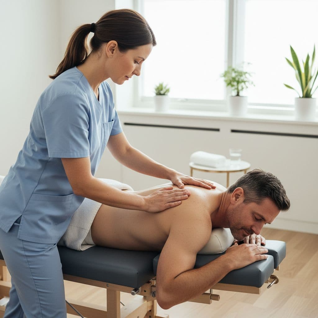 A chiropractor performs a gentle manual adjustment on a patient lying on a table in a bright clinic.