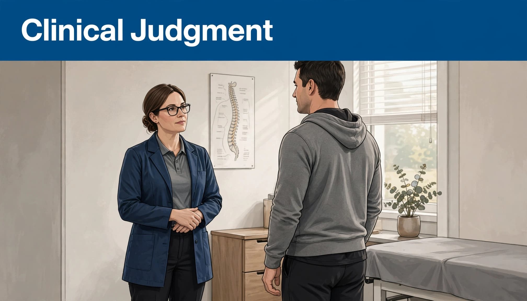 An illustration with a blue banner reading Clinical Judgment above a doctor and patient in a clinic.