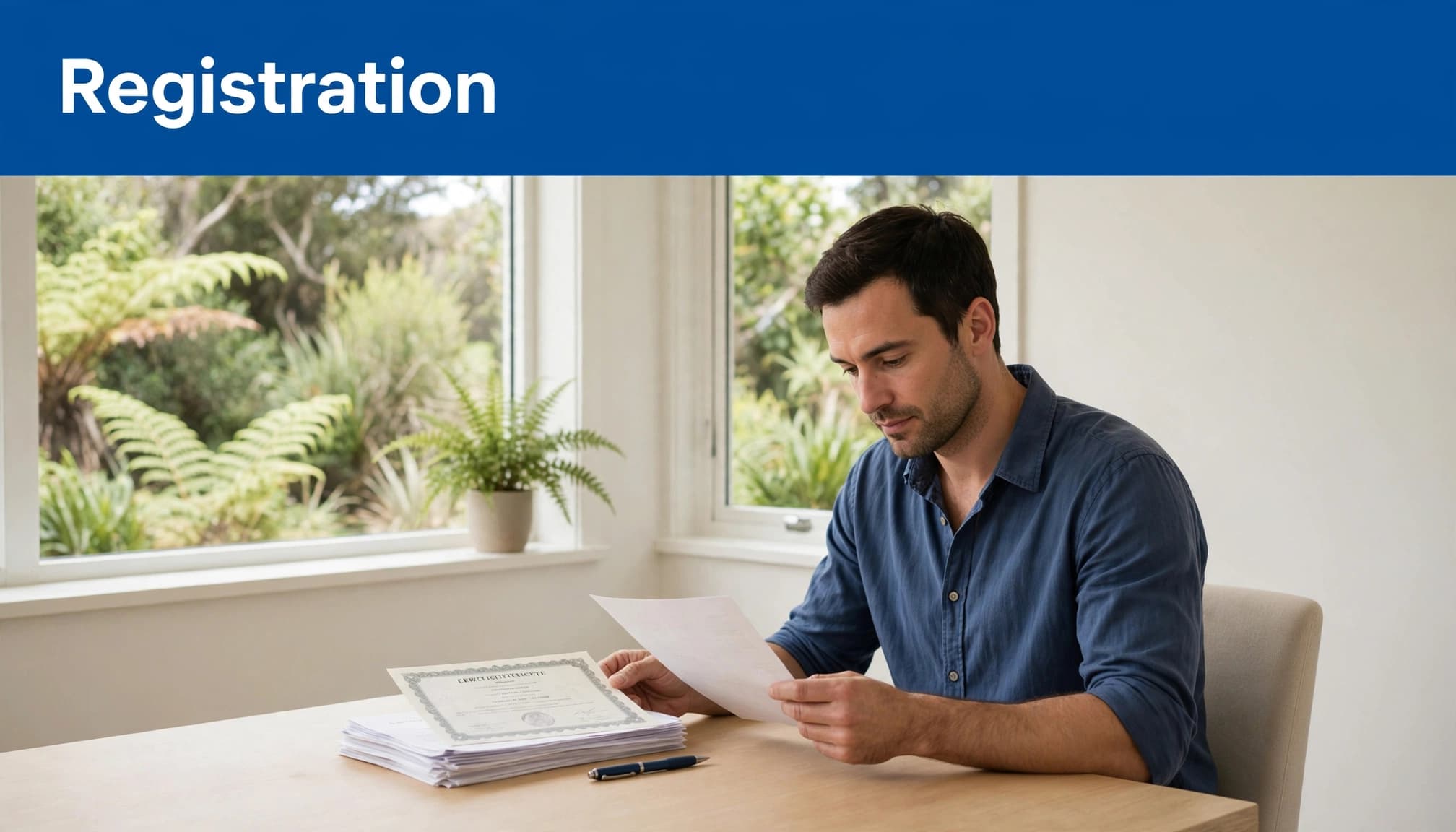 A man seated at a desk reviews registration documents with a blue title bar reading Registration above.