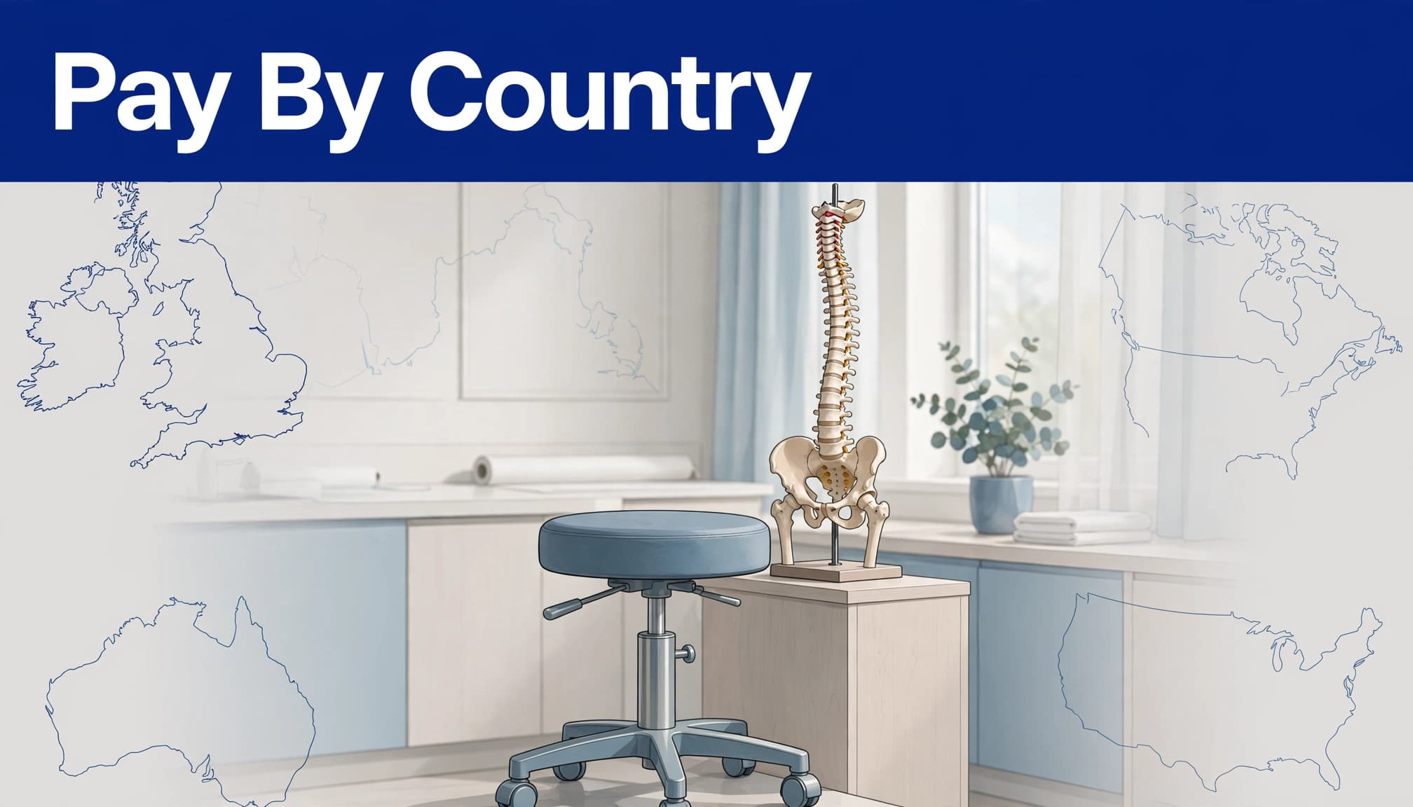 An editorial illustration featuring a treatment stool, a spine model, and map outlines with the headline 'Pay By Country'.