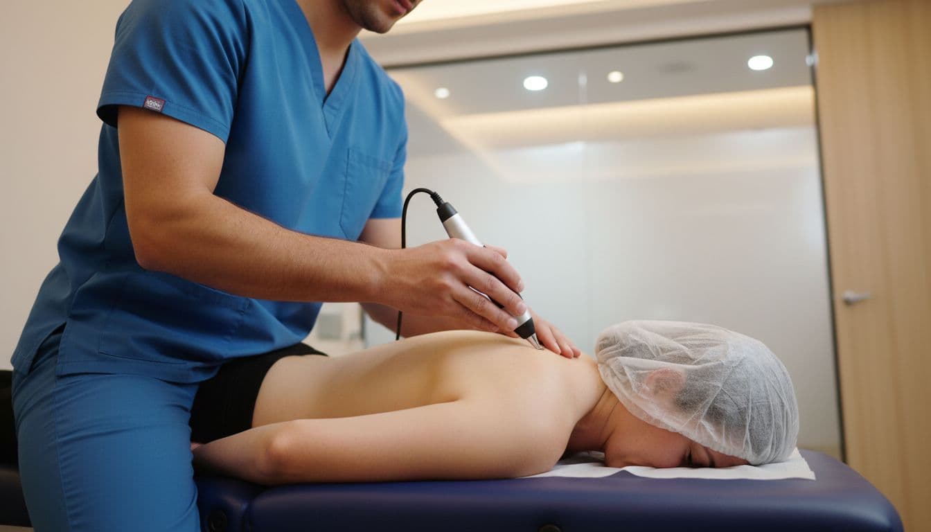 A chiropractor uses a handheld activator tool on a patient's upper back in a modern clinic.