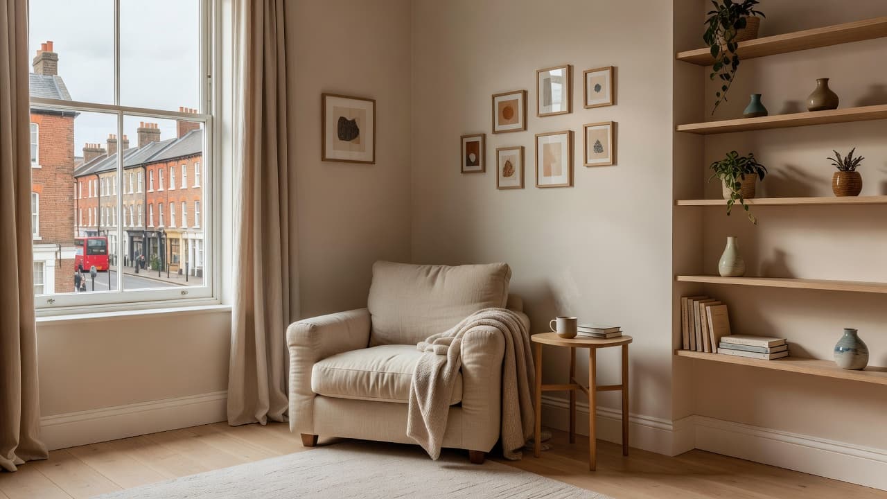 A soft armchair sits beside a tall city window, bathed in warm, gentle lighting within a minimalist living space. Simple wooden furniture and muted textiles create a peaceful home environment.
