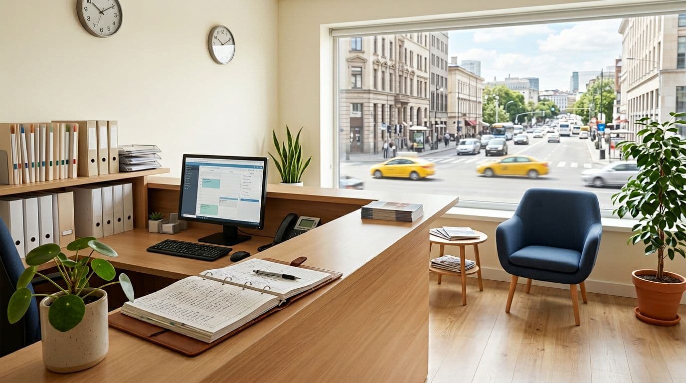 Photorealistic landscape image of a busy clinic reception desk with computer, appointment book, plants, empty chair, and window view of city street under soft natural light. No people, text, signs, extra objects, borders, or letterboxing; content fills all edges.