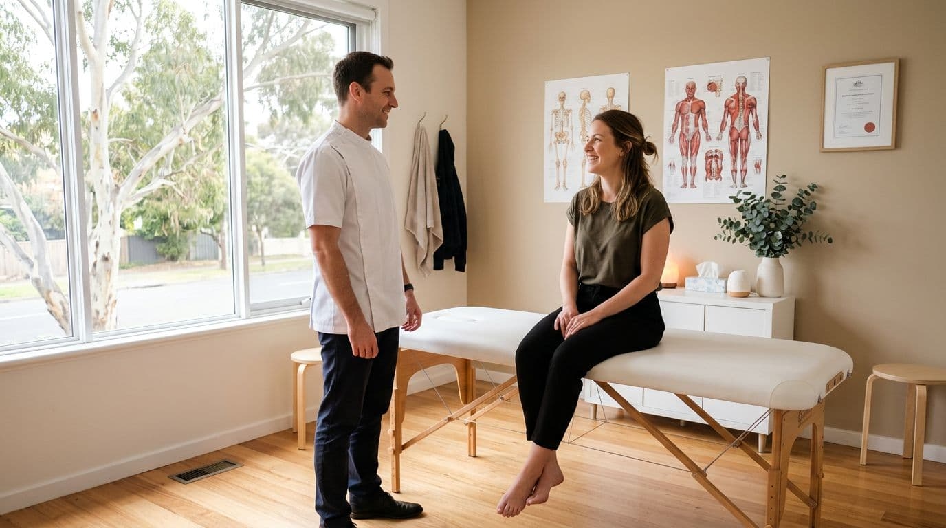 Interior of a modern osteopathy clinic in Australia with a male osteopath in white coat standing beside a treatment table and a smiling female patient seated on the edge. Natural daylight from a window illuminates charts on the wall, creating a welcoming atmosphere in this realistic photo.
