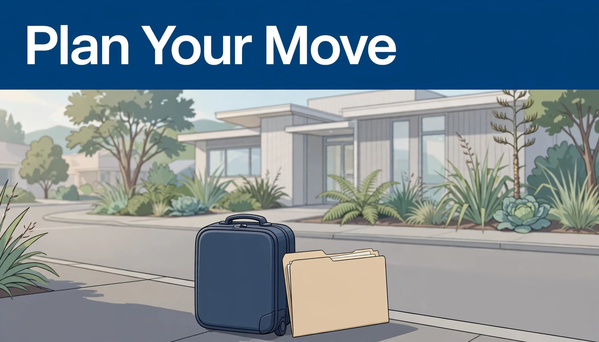 A blue suitcase and paper folder on a sidewalk before a building, with the headline Plan Your Move above.