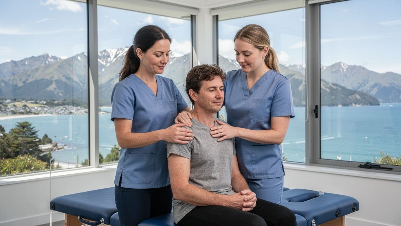 Professional osteopath adjusting a patient's shoulder in a bright modern clinic with large windows showing New Zealand mountains and sea, using natural soft lighting in realistic photography style.