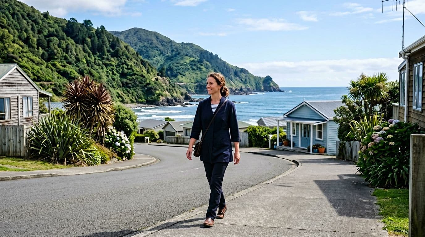 Professional osteopath walking naturally along a sunny street in a small New Zealand coastal town towards a clinic, with green hills and ocean in the background, relaxed realistic photography style.