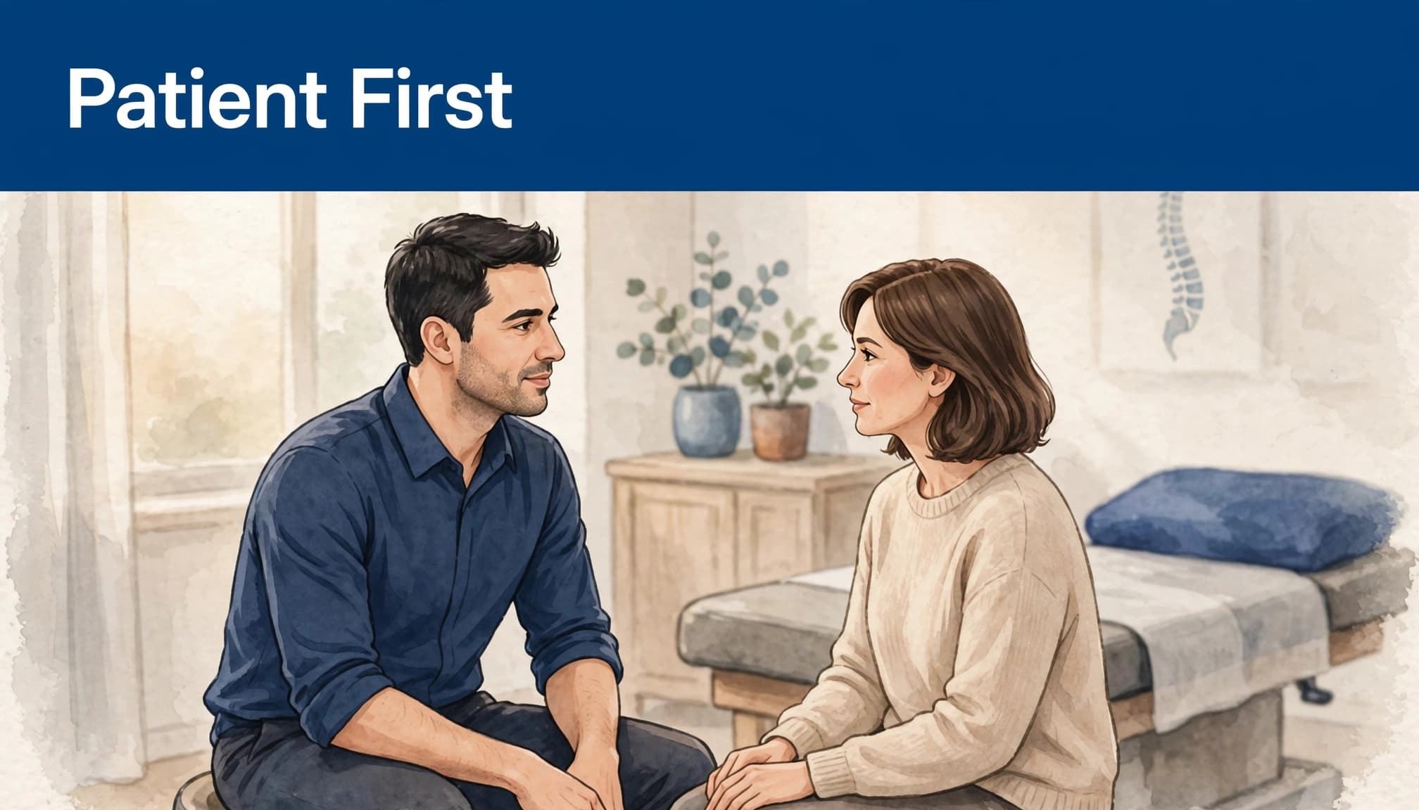 An illustration with the caption Patient First showing a chiropractor and patient talking in a clinic.