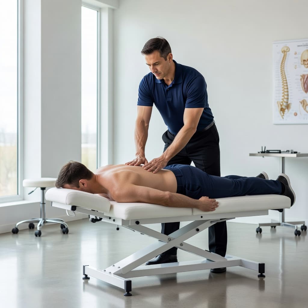 A chiropractor in a white coat performs a gentle spinal adjustment on a patient lying on a padded exam table. Bright sunlight floods the sterile, modern clinic during this consultation.