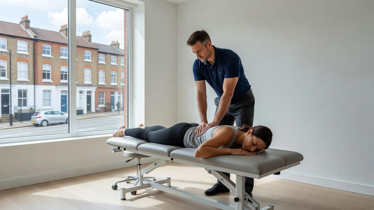 A chiropractor in scrubs performs a spinal adjustment on a patient lying on a medical table. The modern clinic features white walls, minimalist medical equipment, and soft, bright natural daylight.