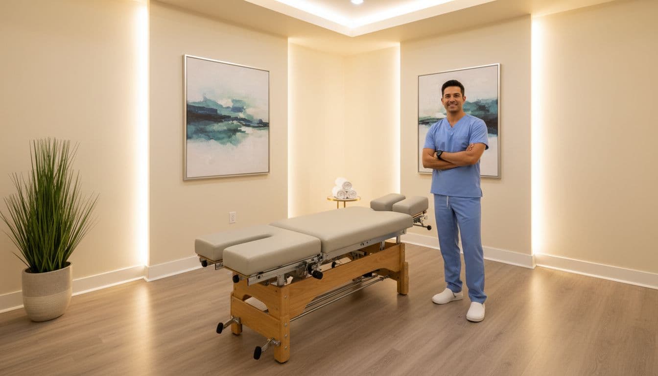 A professional chiropractor in scrubs stands relaxed beside a treatment table in a bright, minimalist clinic.