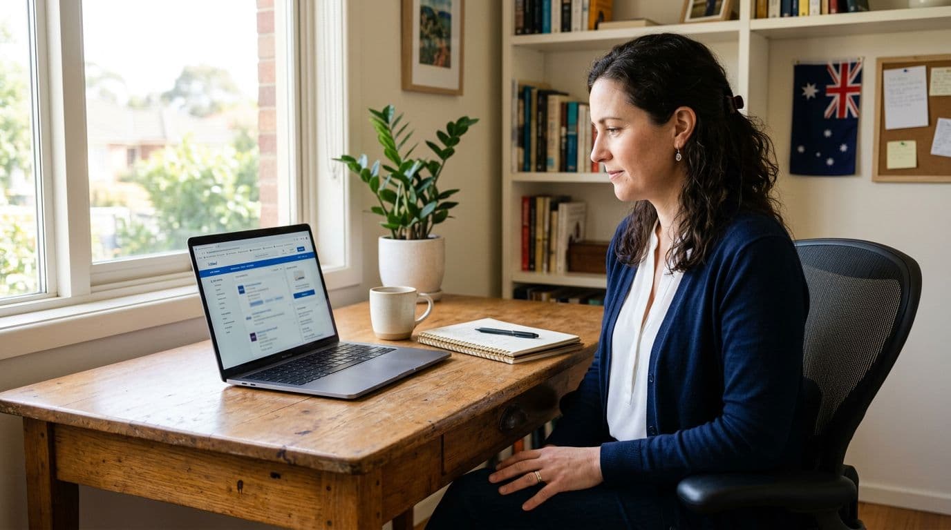 A professional adult sits at a wooden desk in a bright home office, viewing a job search website on an open laptop angled away from view. Coffee mug, notepad nearby, subtle Australian flag on wall, natural morning light through window.