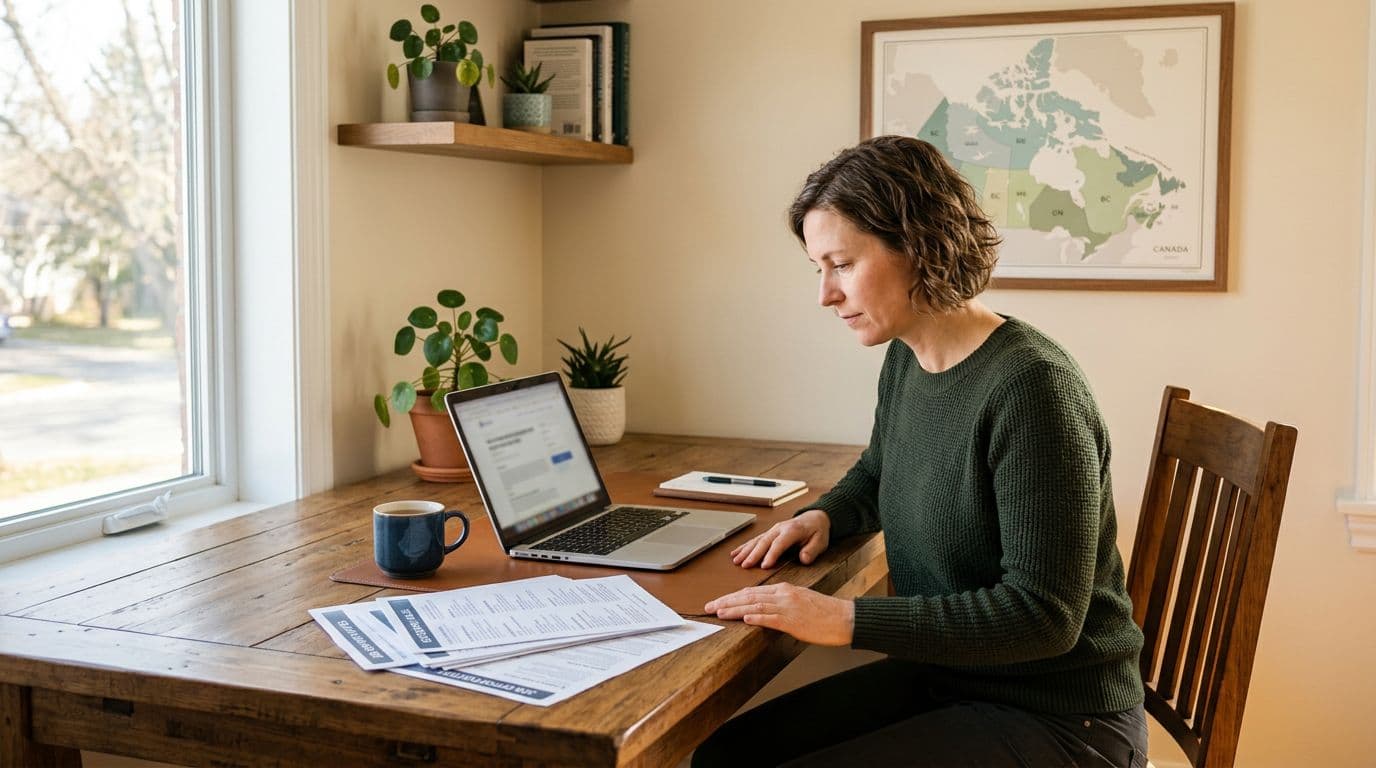 A casually dressed professional manual osteopath sits at a wooden desk in a bright home office, reviewing printed job listings alongside a laptop. Subtle Canada map poster on the wall behind, captured in photorealistic style with warm afternoon light from the window.