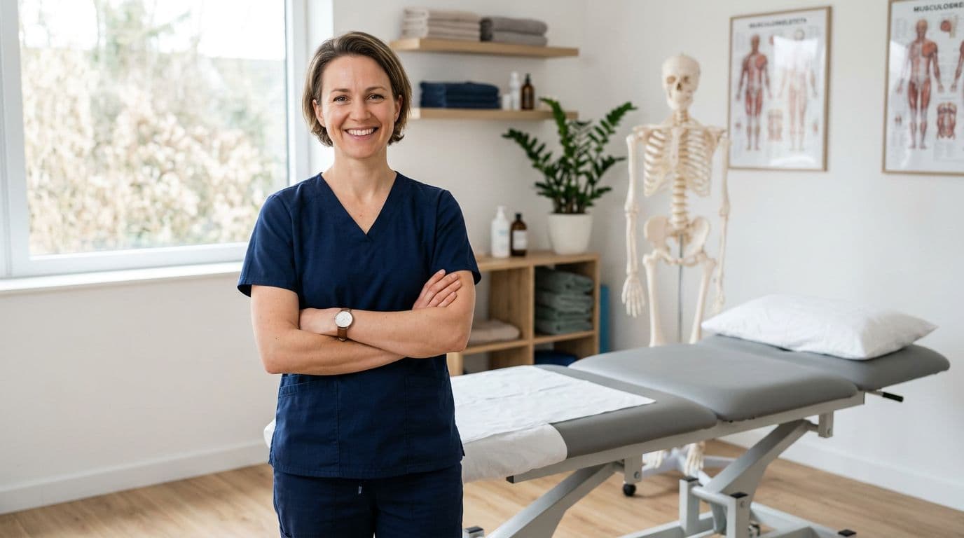 A mid-30s woman osteopath with short hair stands relaxed with arms crossed, smiling at the camera in a bright modern clinic treatment room featuring a treatment table and skeleton model in the background under natural daylight.