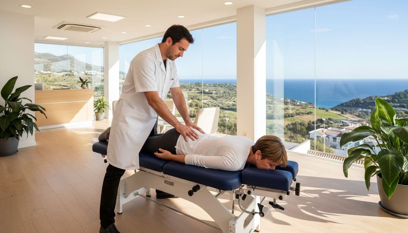 Modern chiropractic clinic interior in Spain with a chiropractor adjusting a middle-aged patient's back on an adjustment table, bright natural light from windows overlooking sea and hills, minimalist design with wooden floors and plants.