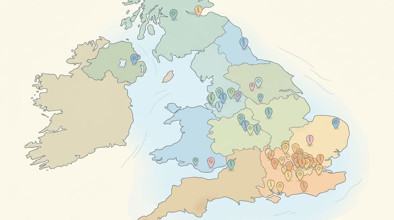 Illustrative UK map highlighting osteopath job hotspots in London, South East England, and scattered towns with city pins in soft pastel colors, simple vector graphic.