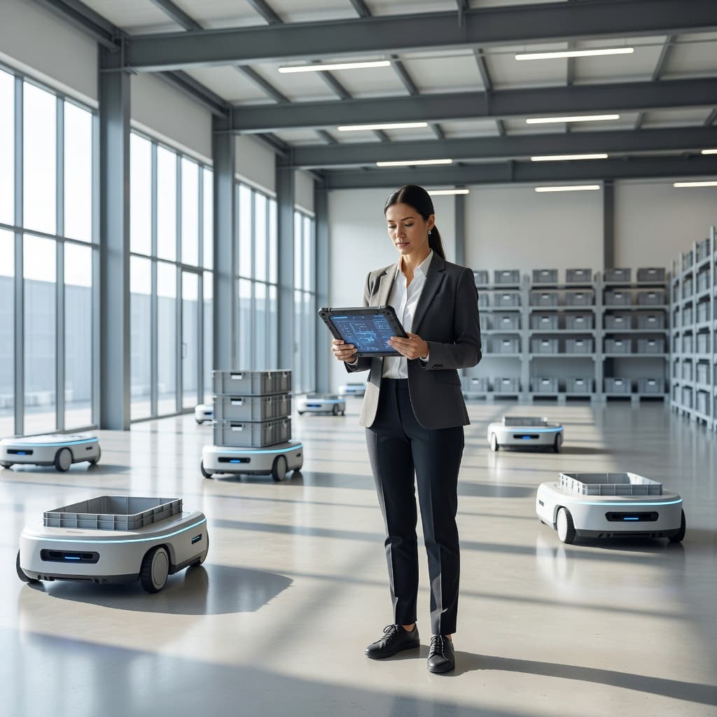 A technician holding a digital tablet monitors autonomous mobile robots moving across a clean warehouse floor. Expansive windows illuminate the steel structures and wide corridors of the high-tech industrial logistics center.