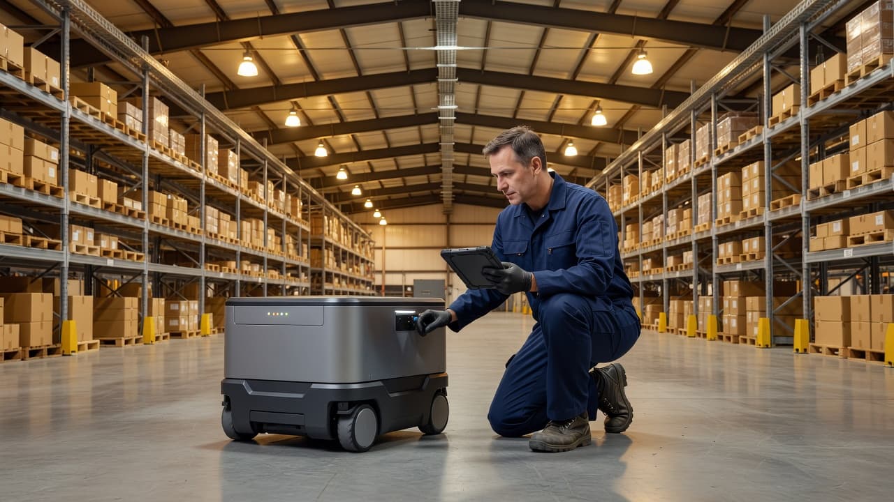 A focused worker in a clean, industrial warehouse facility carefully examines an autonomous mobile robot standing in an organized aisle. High ceilings and warm lighting create a modern, professional work environment.