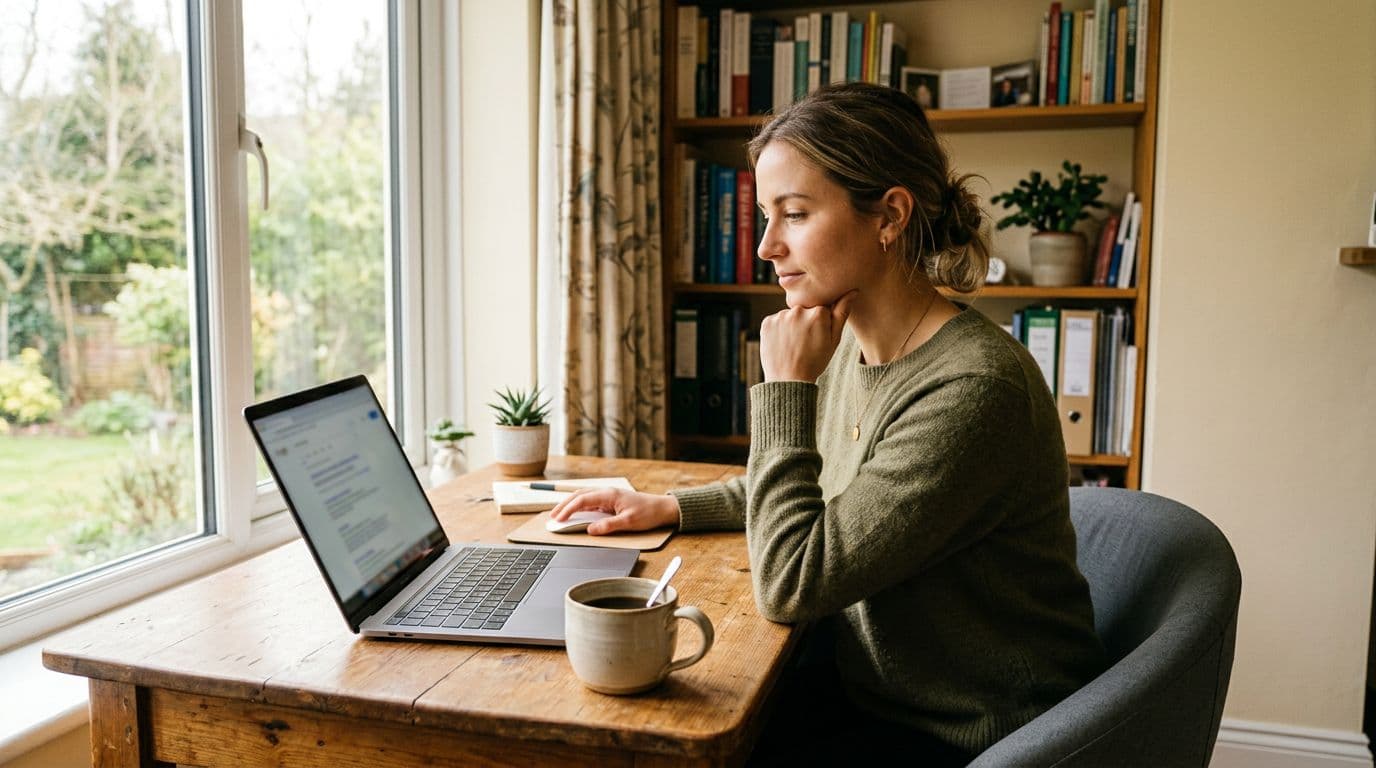A young professional osteopath sits relaxed at a wooden desk in a cozy home office, thoughtfully searching for osteopath jobs on a laptop with one hand on the mouse and the other on her chin, coffee cup nearby, soft natural daylight from window.
