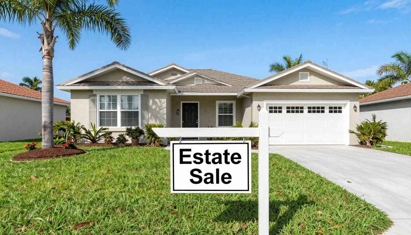 Photorealistic image of a single-family home in a Florida suburban neighborhood with palm trees, sunny weather, and an 'Estate Sale' sign in the lush green yard. Front door slightly open, clear blue sky, high detail, calm daytime scene with no people or extra objects.