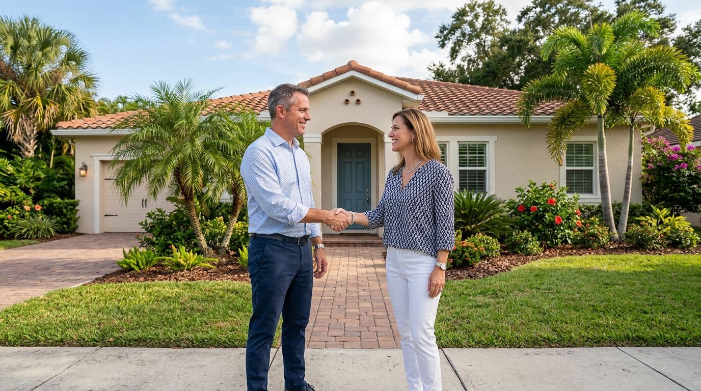 Foreclosure service 7 Middle-aged man and woman in casual business attire smiling confidently while shaking hands firmly yet relaxed in front of a well-kept single-story tampa bay florida style home, sunny afternoon with blue sky and green palm accents.