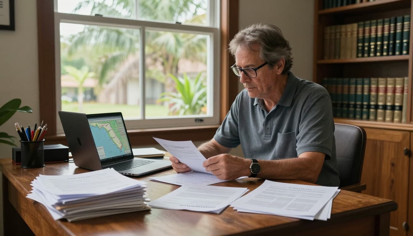 Realistic photorealistic landscape of a middle-aged person at a wooden desk in a Florida home office, surrounded by neatly stacked legal documents, a will, death certificate copies, and a laptop showing a Florida map, with natural daylight and palm trees visible outside.