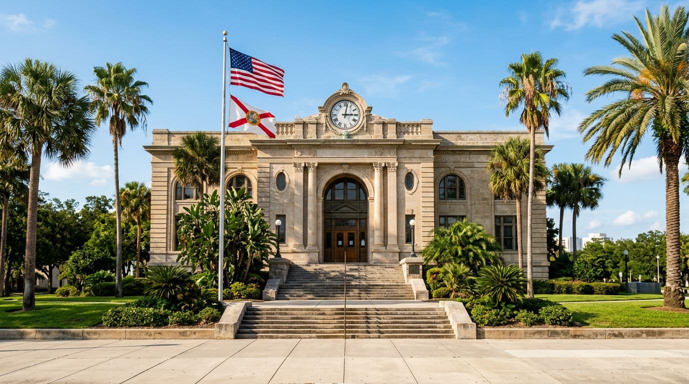 Foreclosure service 5 Photorealistic exterior of pinellas county florida courthouse on a sunny day, with american and florida flags waving, stone steps to entrance, palm trees, and large clock at mid-afternoon. Empty foreground, no people or vehicles, natural lighting, landscape ratio.