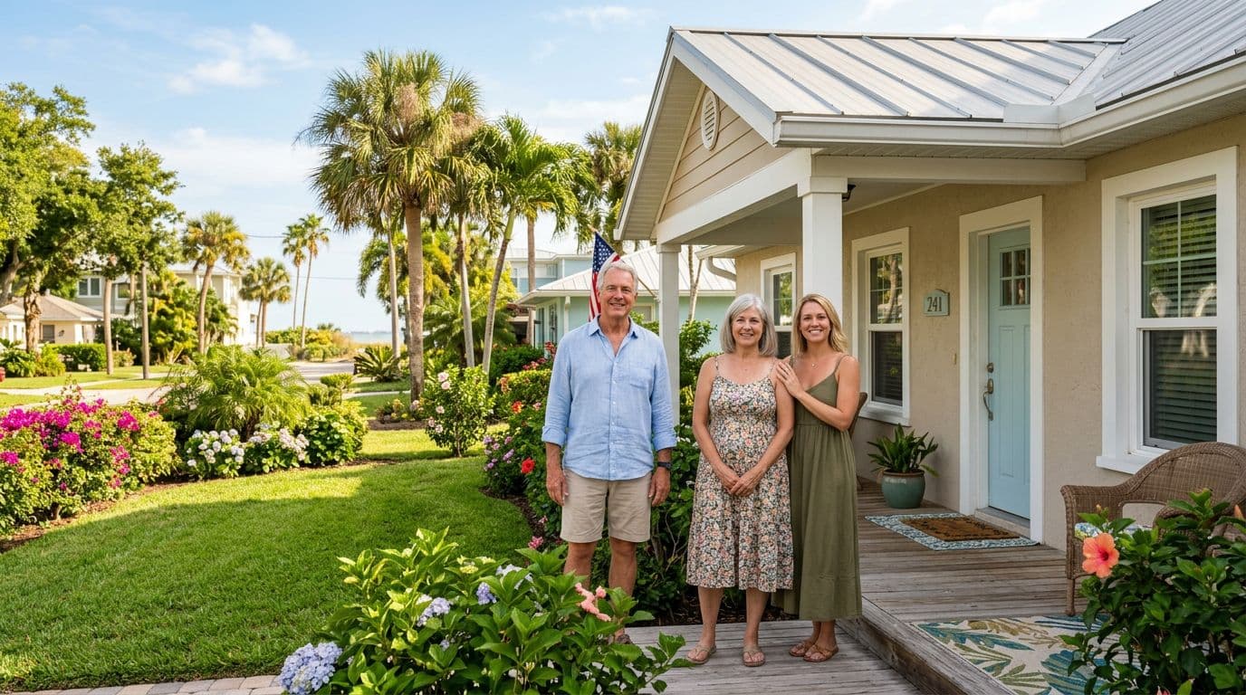 Foreclosure service 3 Serene single-family home in a sunny pinellas county florida neighborhood with palm trees and beach vibe. Calm family of three adults stands relaxed on the front porch smiling hopefully amid lush green lawn and flowers under warm daytime sunlight.