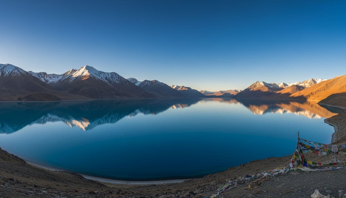 Turquoise Namtso Lake reflects snow-capped mountains under clear sky with distant prayer flags.