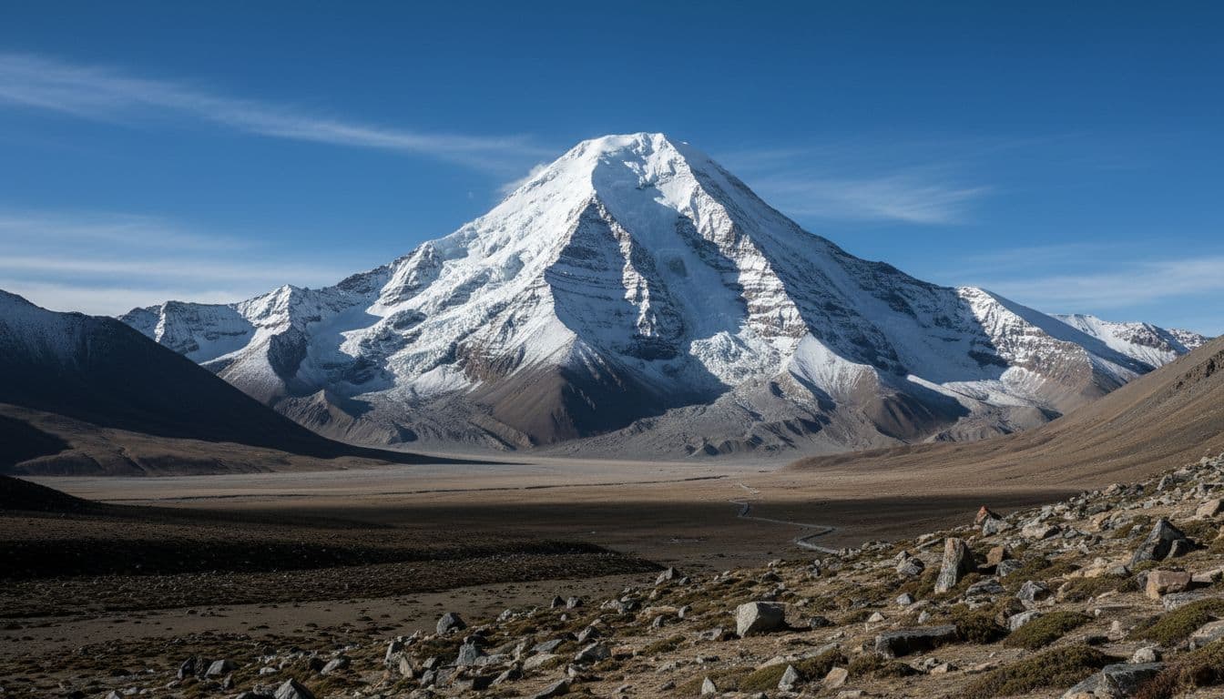 Snow-covered pyramid-shaped Mount Kailash pierces blue sky above rocky base and distant pilgrims trail in vast valley.
