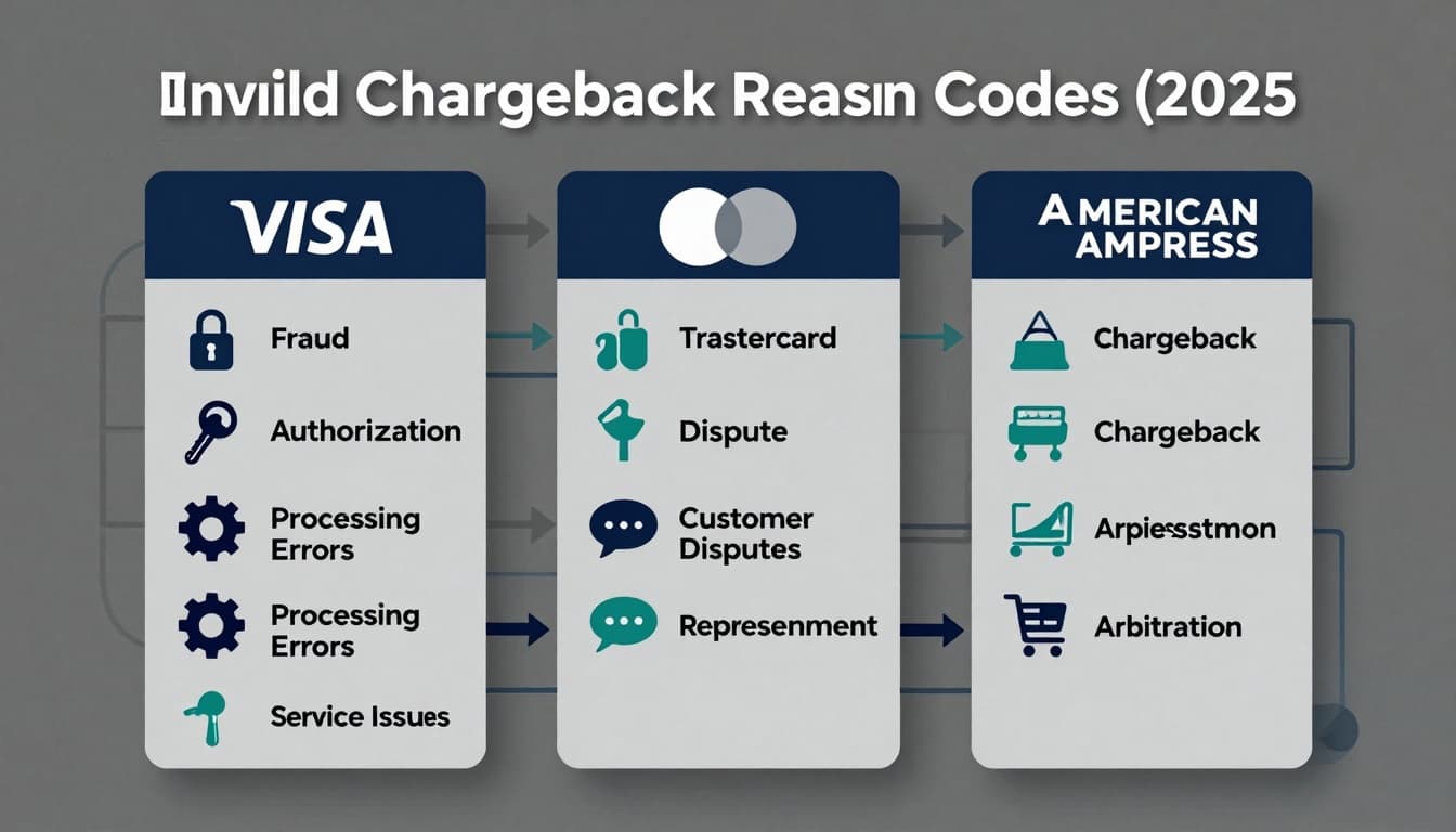 Chargeback reason codes explained for card payments, what each code means and how it affects your response 2 Clean, modern flat-vector infographic for card-payment chargeback reason codes (2025), featuring columns for Visa, Mastercard, and American Express with icons for Fraud, Authorization, Processing Errors, Customer Disputes, and Service Issues, plus a subtle flowchart background.