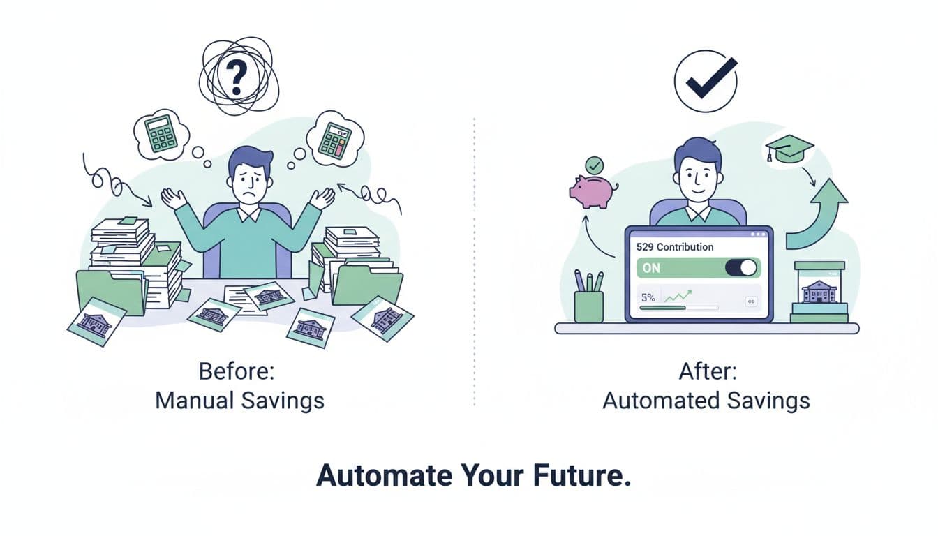 Side-by-side flat illustration contrasting a cluttered desk without 529 payroll deduction to a streamlined payroll dashboard with active 529 contributions, emphasizing organization and ease.