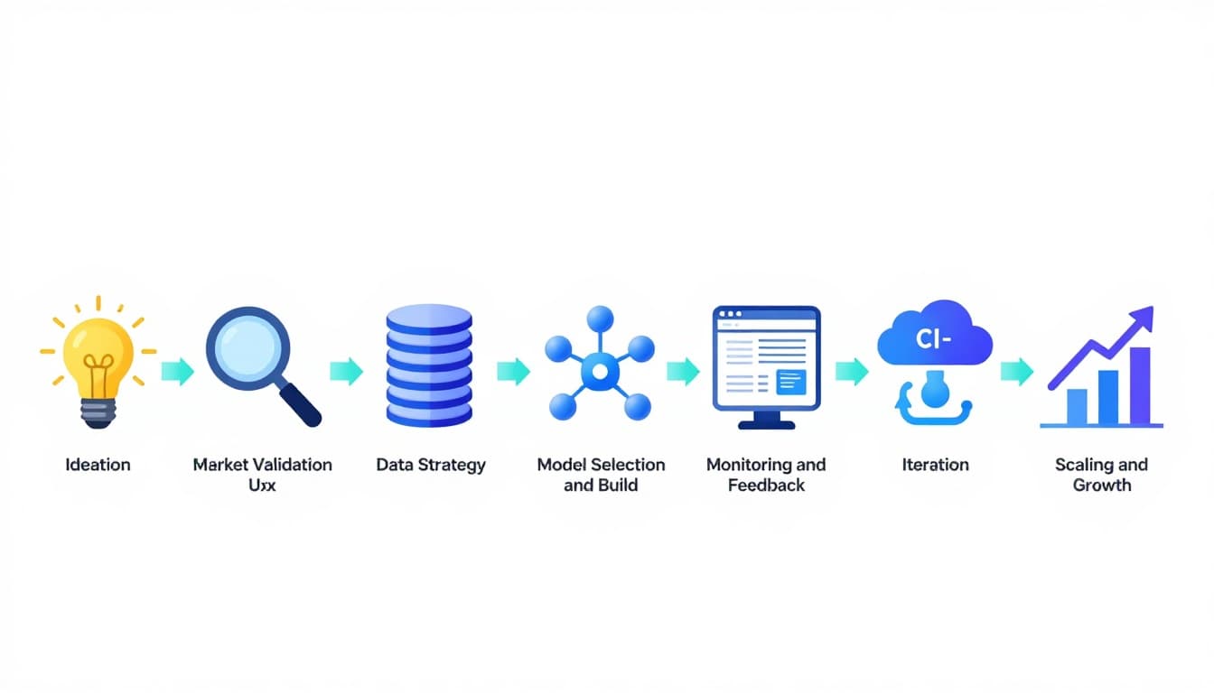 Clean, modern vector infographic diagram illustrating the 10 stages of AI digital product creation lifecycle from ideation to scaling, featuring icons like lightbulb, neural network, and growth chart in cool blues, purples, and teal accents on a white background.