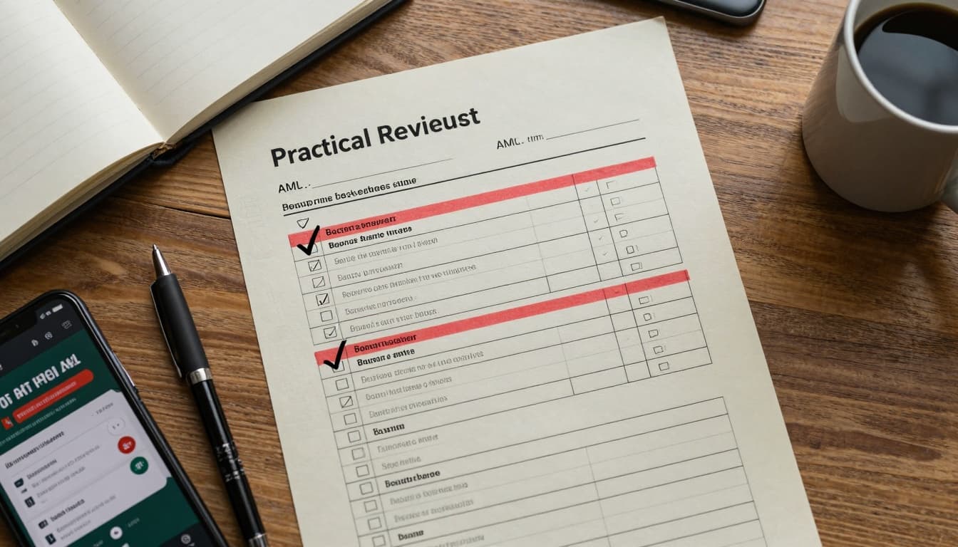 Realistic top-down scene of a printed review checklist on a wooden office desk with checkmarks and red highlights for bonus abuse and AML risks, accompanied by a pen, notebook, smartphone showing a betting app, coffee mug, and compliance icons under natural daylight.