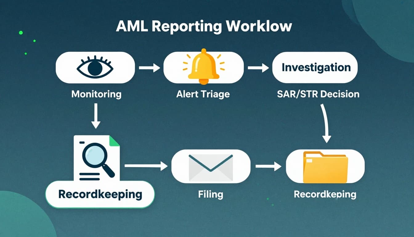 Practical AML Training Plan for a Small iGaming Team: A 30-60-90 Day Schedule 3 AML reporting workflow flowchart from monitoring to recordkeeping