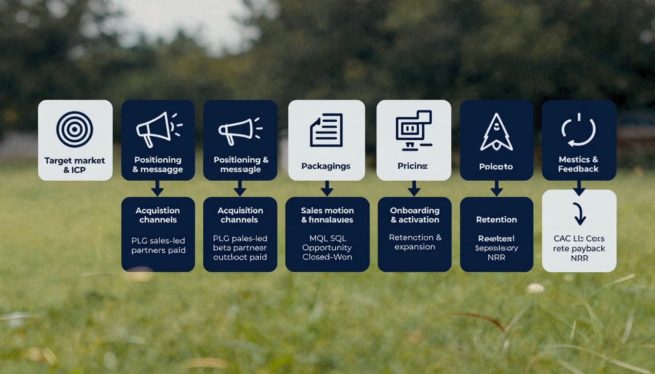 Clean modern vector infographic in landscape ratio showing B2B SaaS GTM model flow from target market ICP to metrics feedback loop with stages like positioning packaging acquisition sales funnel onboarding retention using navy teal gray icons on white background.