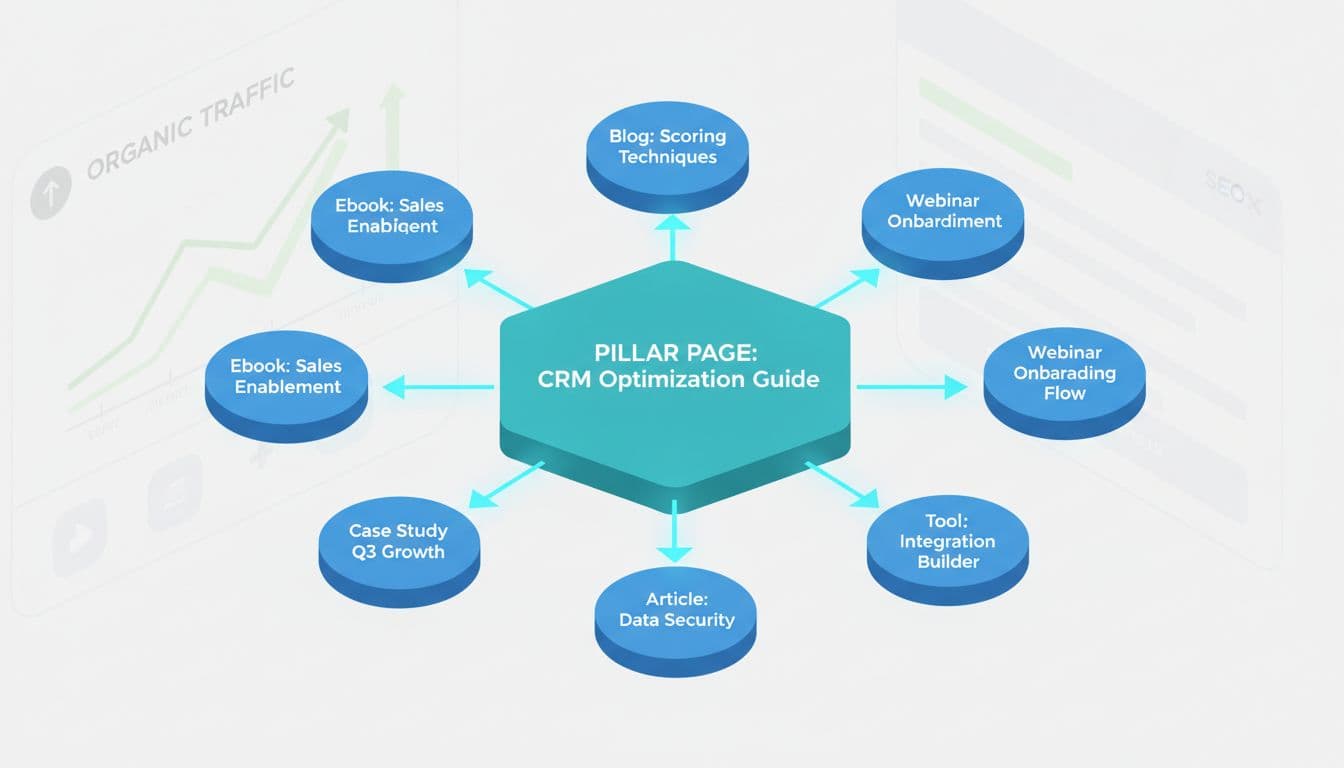 Isometric topic cluster diagram showing central pillar page connected to surrounding nodes