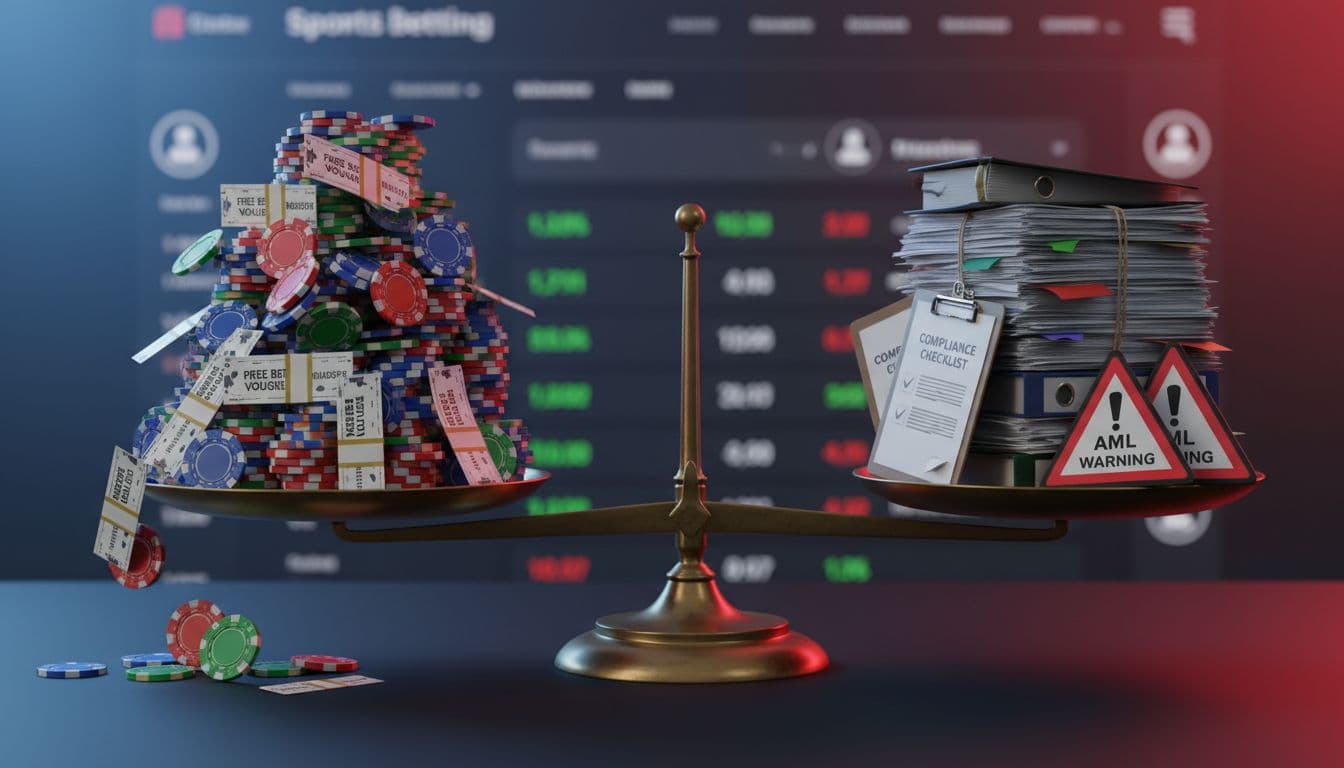 Professional landscape illustration of a balanced scale with colorful casino chips and free bet vouchers on one side representing bonus abuse, opposed by official documents, compliance checklists, and AML warnings on the other for regulatory risks, against a blurred sports betting interface.
