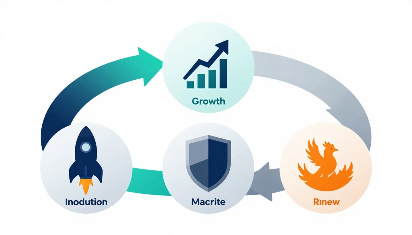 Clean modern vector infographic in landscape ratio showing brand lifecycle as a circular loop with five stages: rocket launch for introduction, growth chart, maturity shield, decline chart, and phoenix renewal. Professional navy blue, teal, gray, and orange colors in flat design.