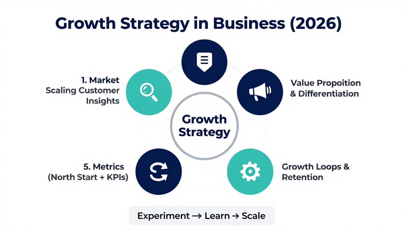 Growth strategy infographic with six connected modules