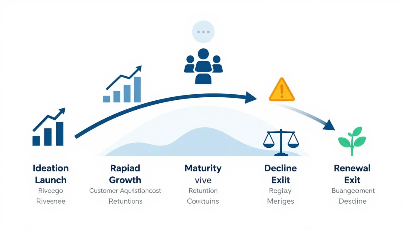 Lifecycle Framework: Models and Structures for Managing Growth and Decline 2 Clean vector infographic depicting business lifecycle stages via a smooth S-curve: Ideation & Launch, Growth, Maturity, Decline, and Renewal/Exit, with key metrics icons and bottom management levers.