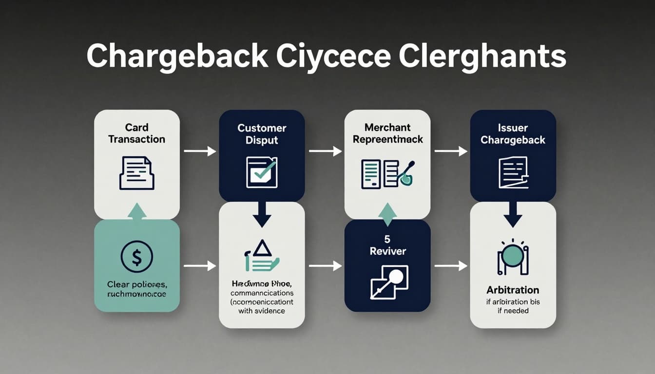 Chargeback reason codes explained for card payments, what each code means and how it affects your response 3 Clean, modern flat-vector infographic showing the chargeback lifecycle for merchants as a horizontal flowchart with steps from card transaction to arbitration, plus prevention tips.