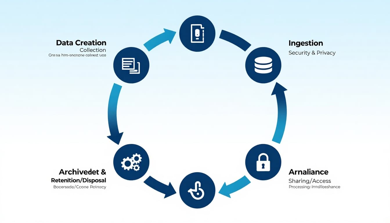 Clean, modern vector infographic in landscape ratio depicting the end-to-end data lifecycle as a circular loop with seven stages and cross-cutting callouts for governance, security, quality, and compliance.