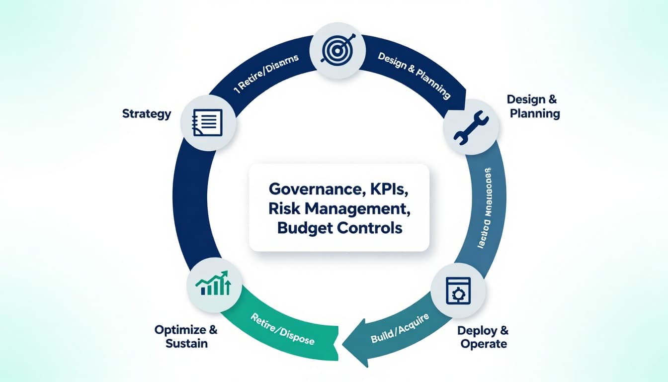 Lifecycle Management Plan: How to Design and Execute One Successfully 2 Professional vector infographic depicting a circular diagram of six lifecycle management phases: Strategy & Requirements, Design & Planning, Build/Acquire, Deploy & Operate, Optimize & Sustain, and Retire/Dispose, with relevant icons and a central governance box.