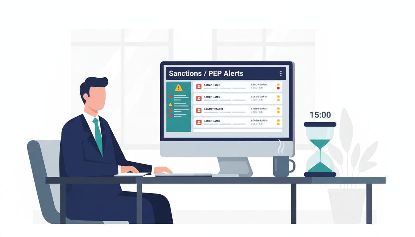 A compliance analyst at a sleek modern desk faces a computer screen showing a Sanctions / PEP Alerts dashboard with colorful icons and data, beside a 15-minute sand timer, in clean vector flat design using fintech colors.