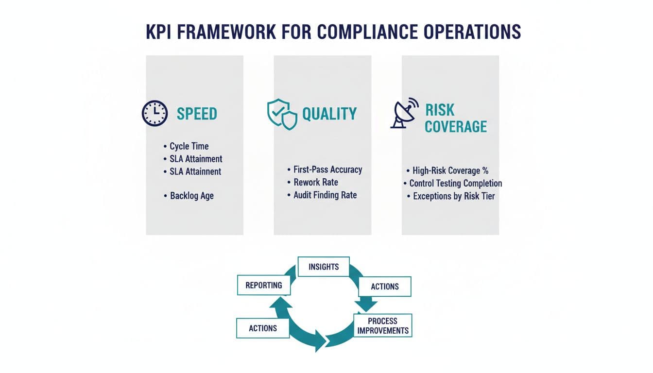 Clean, modern vector infographic displaying a KPI framework with three pillars: Speed (cycle time, SLA attainment, backlog age), Quality (first-pass accuracy, rework rate, audit finding rate), and Risk Coverage (high-risk coverage, control testing, exceptions by risk tier), including a feedback loop from Reporting to Insights, Actions, and Process Improvements.