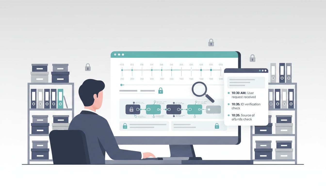 Clean modern fintech vector illustration showing a compliance officer reviewing a structured digital case file with timeline graphics, immutable chained log blocks, and timestamped notepad for iGaming limit increase requests.