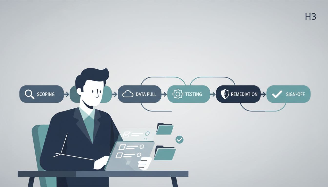 Bonus wagering compliance audit workflow illustration showing a compliance officer reviewing a checklist with a process flow in the background